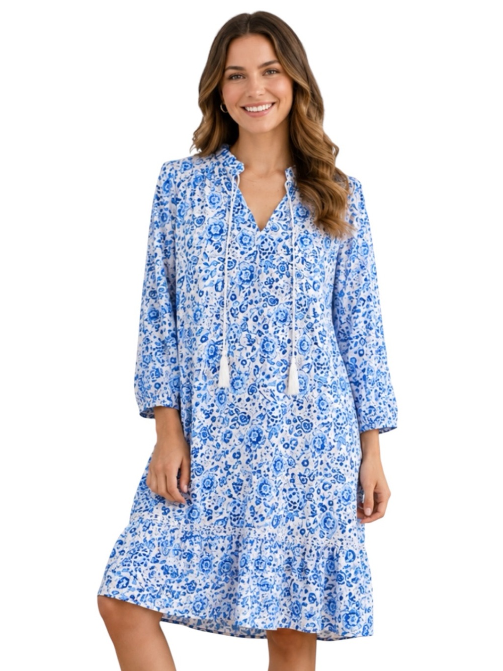 Chic Blue and White Floral Midi Dress – Coastal Granddaughter Ruffled Kaftan XL